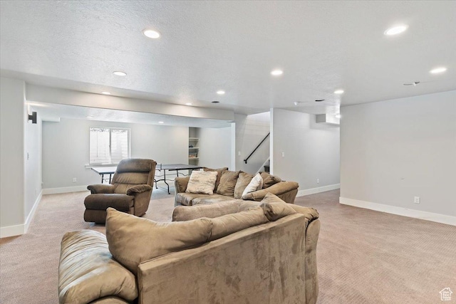 5707 Scenic Ln, Mountain Green, UT 84050 - living area featuring light carpet, recessed lighting, stairs, baseboards, and a textured ceiling