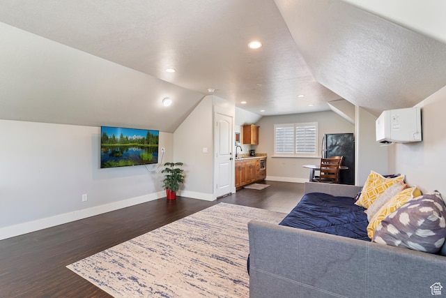 5707 Scenic Ln, Mountain Green, UT 84050 - living room featuring dark wood finished floors, vaulted ceiling, and baseboards