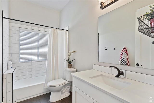 5707 Scenic Ln, Mountain Green, UT 84050 - bathroom featuring vanity, toilet, shower / tub combo with curtain, and wood finished floors