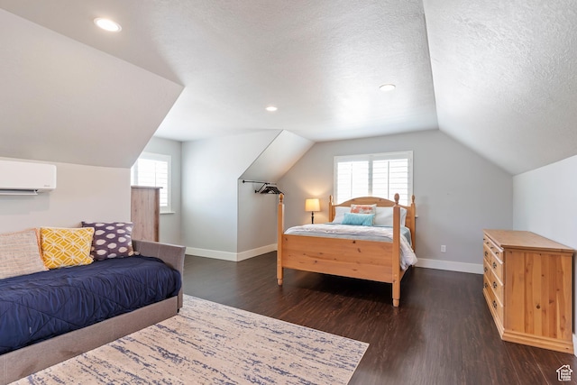 5707 Scenic Ln, Mountain Green, UT 84050 - bedroom with dark wood-style flooring, vaulted ceiling, baseboards, an AC wall unit, and recessed lighting