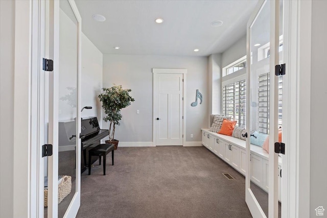 5707 Scenic Ln, Mountain Green, UT 84050 - living area featuring dark carpet, baseboards, recessed lighting, and french doors