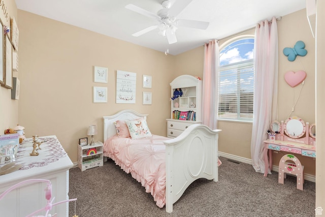bedroom featuring carpet, a ceiling fan, and baseboards