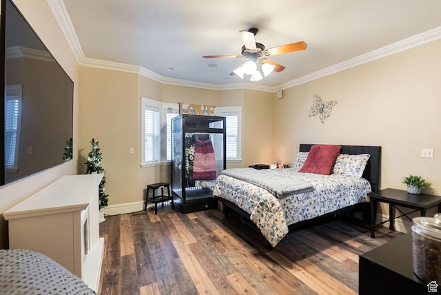 470 N Linden Ln, Providence, UT 84332 - bedroom with dark wood-style flooring, baseboards, ornamental molding, and ceiling fan