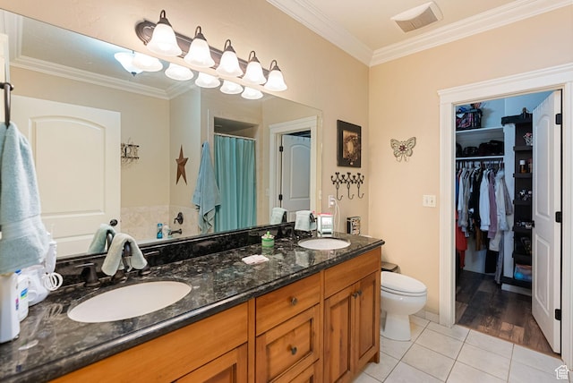 470 N Linden Ln, Providence, UT 84332 - bathroom featuring crown molding, tile patterned floors, double vanity, curtained shower, and toilet