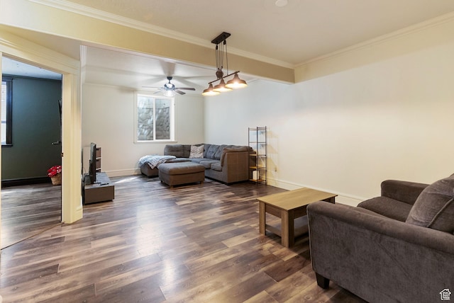 470 N Linden Ln, Providence, UT 84332 - living room featuring dark wood finished floors, ornamental molding, baseboards, and a ceiling fan
