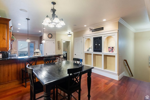 470 N Linden Ln, Providence, UT 84332 - dining space with dark wood-style floors, a chandelier, recessed lighting, and ornamental molding