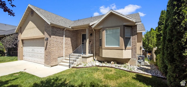 ranch-style home with a garage, driveway, stucco siding, and roof with shingles
