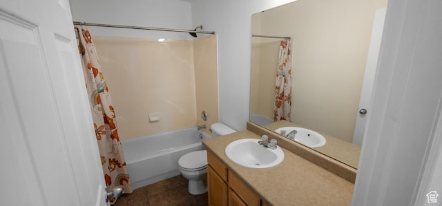 bathroom featuring toilet, vanity, shower / bath combination with curtain, and tile patterned floors