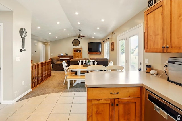 1424 W 3325 S, Perry, UT 84302 - kitchen with dishwasher, open floor plan, ceiling fan, light countertops, and lofted ceiling