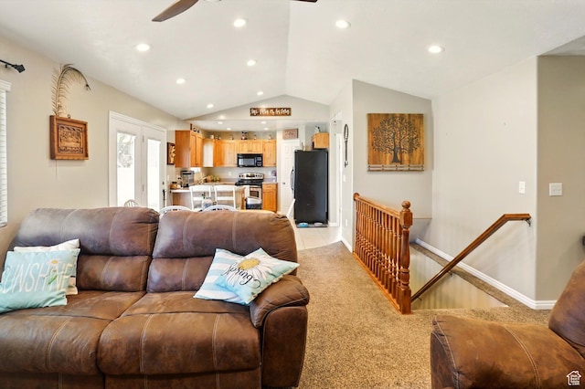1424 W 3325 S, Perry, UT 84302 - living area with vaulted ceiling, ceiling fan, recessed lighting, baseboards, and light colored carpet