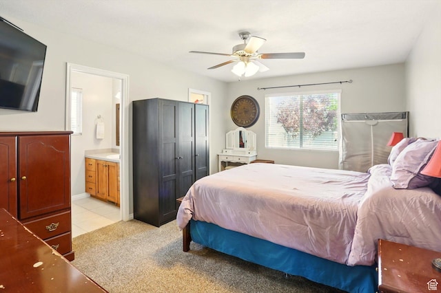 1424 W 3325 S, Perry, UT 84302 - bedroom featuring ensuite bath, ceiling fan, and light tile patterned flooring