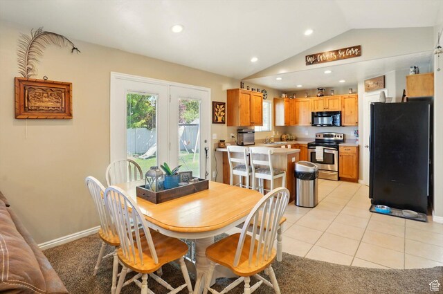 1424 W 3325 S, Perry, UT 84302 - dining area featuring vaulted ceiling, recessed lighting, baseboards, and light tile patterned flooring