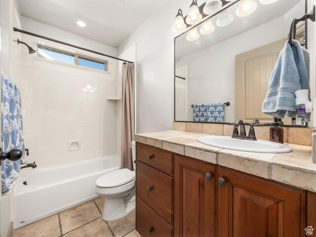 636 Quartz Dr, Santaquin, UT 84655 - bathroom featuring shower / bath combo with shower curtain, toilet, vanity, and tile patterned floors