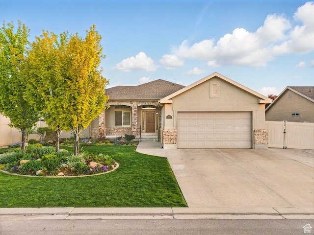 636 Quartz Dr, Santaquin, UT 84655 - ranch-style house with a garage, concrete driveway, stucco siding, and a gate