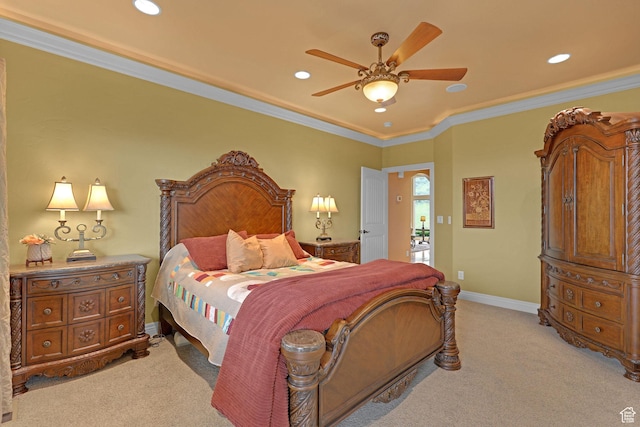 395 S 200 E, Willard, UT 84340 - bedroom with light colored carpet, recessed lighting, ornamental molding, ceiling fan, and baseboards