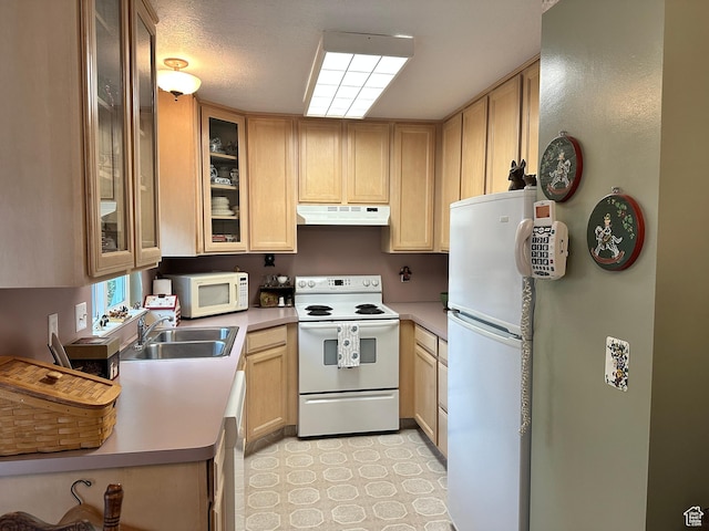 2756 S 725 W, Perry, UT 84302 - kitchen with white appliances, under cabinet range hood, a sink, and light brown cabinets