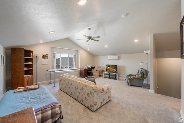 516 E Lone Star Ln Unit A, Saratoga Springs, UT 84045 - living room featuring an AC wall unit, vaulted ceiling, a ceiling fan, light colored carpet, and baseboards