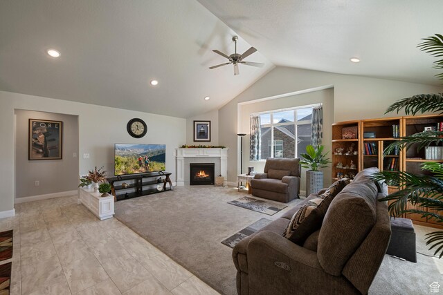 516 E Lone Star Ln Unit A, Saratoga Springs, UT 84045 - living room with ceiling fan, lofted ceiling, a warm lit fireplace, baseboards, and recessed lighting