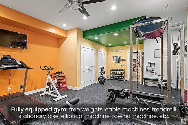 workout area featuring ceiling fan, recessed lighting, and baseboards
