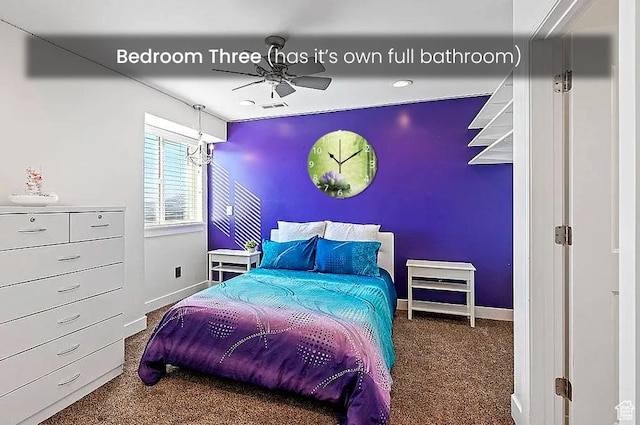 bedroom with baseboards, recessed lighting, carpet flooring, ceiling fan, and an accent wall