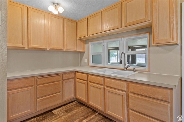 kitchen featuring light brown cabinetry, a sink, light countertops, and a textured ceiling