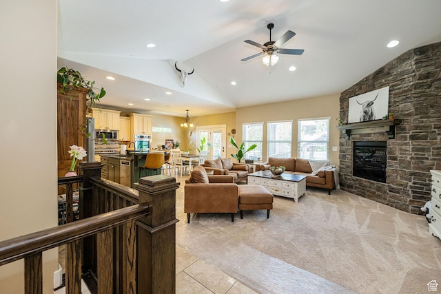 1608 W Boulder Creek Ln S, Layton, UT 84041 - living area with vaulted ceiling, a fireplace, a ceiling fan, recessed lighting, and light tile patterned flooring
