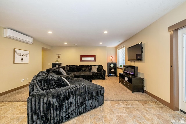 1608 W Boulder Creek Ln S, Layton, UT 84041 - living room with an AC wall unit, light colored carpet, recessed lighting, baseboards, and light stone finish floors