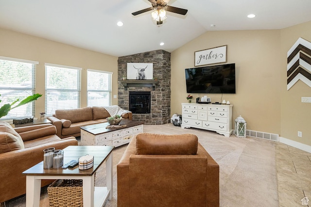 1608 W Boulder Creek Ln S, Layton, UT 84041 - living area with ceiling fan, vaulted ceiling, a fireplace, and recessed lighting