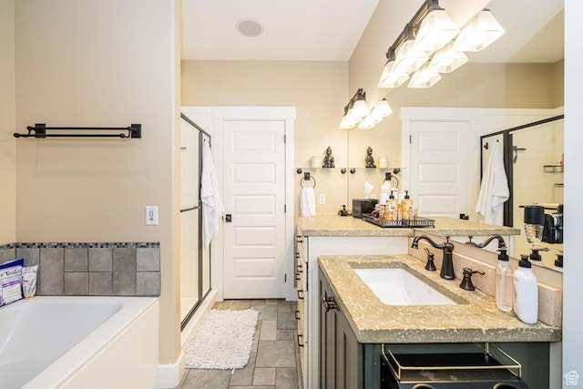 1608 W Boulder Creek Ln S, Layton, UT 84041 - bathroom featuring stone tile flooring, a shower stall, a garden tub, vanity, and a chandelier