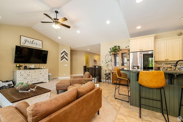 1608 W Boulder Creek Ln S, Layton, UT 84041 - living area featuring vaulted ceiling, a ceiling fan, and recessed lighting