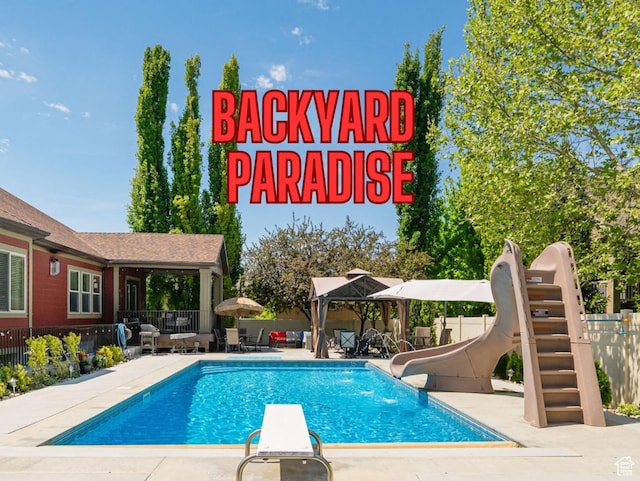 1608 Boulder Creek Ln S, Layton, UT 84041 - view of pool featuring a water slide, a gazebo, a patio area, and a diving board