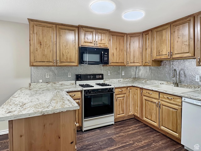 45 W 200 N, Castle Dale, UT 84513 - kitchen featuring black microwave, gas range oven, white dishwasher, a sink, and tasteful backsplash