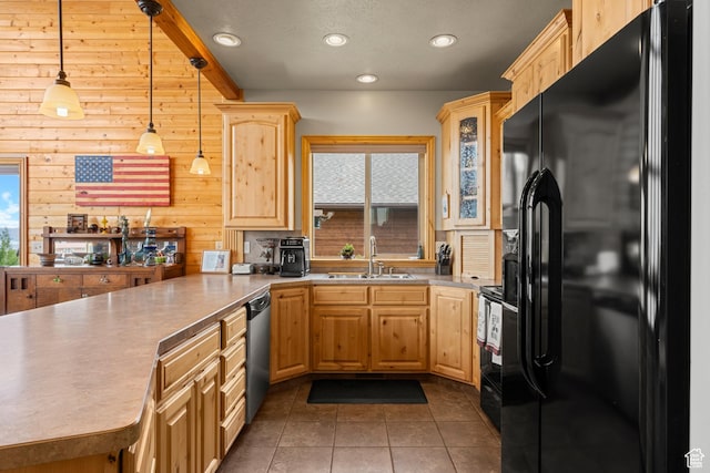 866 N Yarrow Cir Unit 38/39, Garden City, UT 84028 - kitchen with black refrigerator with ice dispenser, a sink, dishwasher, a peninsula, and tile patterned flooring