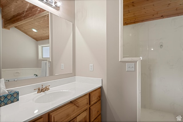 866 N Yarrow Cir Unit 38/39, Garden City, UT 84028 - bathroom with vanity, wooden ceiling, and a shower