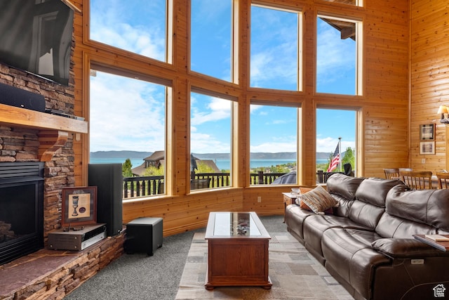 866 N Yarrow Cir Unit 38/39, Garden City, UT 84028 - living area with a water view, light colored carpet, a high ceiling, healthy amount of natural light, and wood walls
