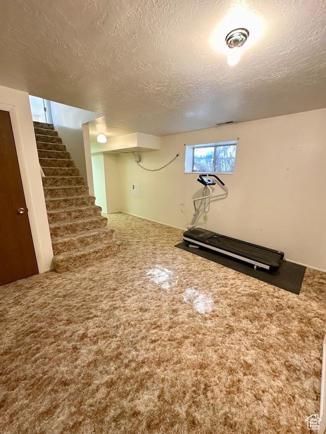 40 W 200 N, Santaquin, UT 84655 - below grade area featuring carpet floors, a textured ceiling, and stairs