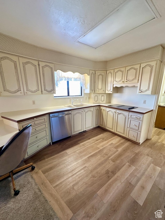 40 W 200 N, Santaquin, UT 84655 - kitchen featuring stainless steel dishwasher, cream cabinetry, black electric stovetop, light wood-style floors, and a sink