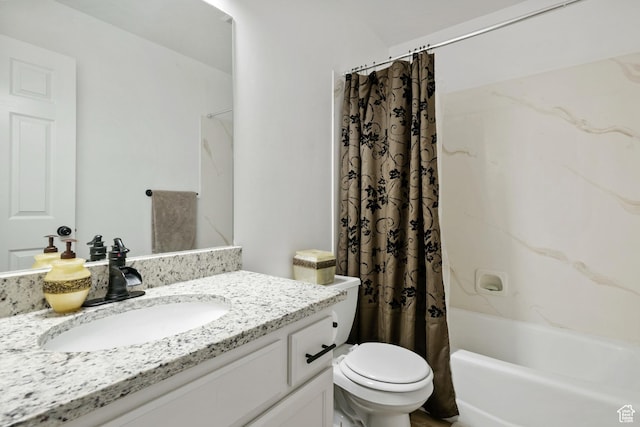bathroom featuring toilet, vanity, and shower / bath combination with curtain