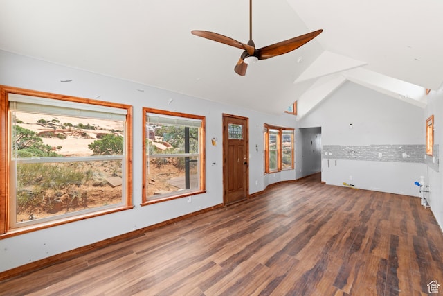 1 Pioneer Dr, La Sal, UT 84530 - unfurnished living room featuring wood finished floors, a ceiling fan, and high vaulted ceiling