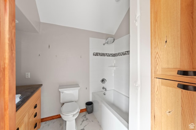 1 Pioneer Dr, La Sal, UT 84530 - full bathroom with toilet, marble look tiles, vanity, bathing tub / shower combination, and lofted ceiling