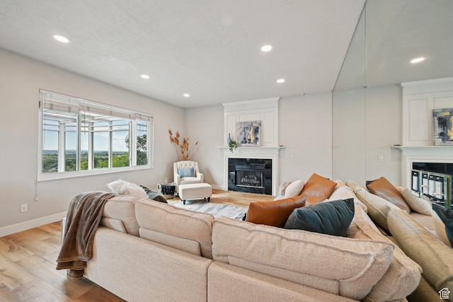 13994 S New Saddle Rd, Draper, UT 84020 - living area featuring a glass covered fireplace, recessed lighting, wood finished floors, and baseboards
