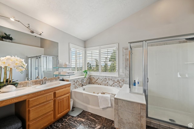 13994 S New Saddle Rd, Draper, UT 84020 - full bathroom with lofted ceiling, a stall shower, a textured ceiling, marble finish floors, and a bath