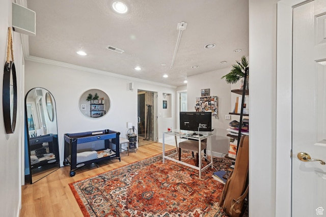 13994 S New Saddle Rd, Draper, UT 84020 - office featuring light wood-style floors, ornamental molding, recessed lighting, and baseboards