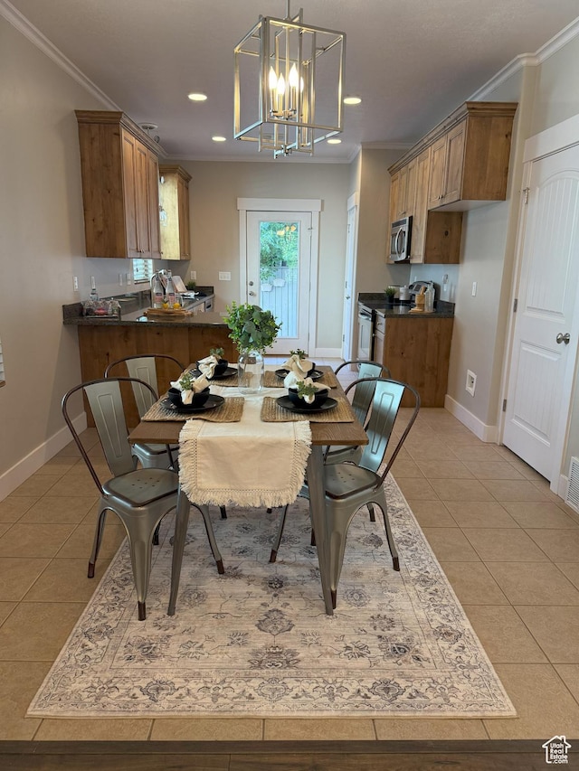 10342 S Millerton Dr, South Jordan, UT 84009 - dining space with light tile patterned floors, a chandelier, ornamental molding, recessed lighting, and baseboards