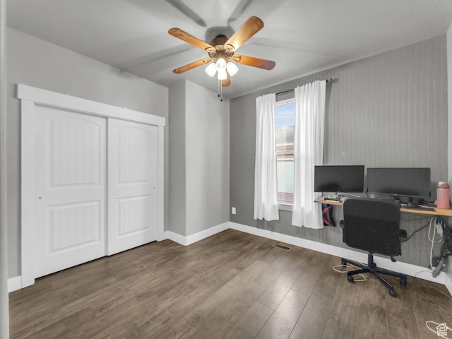 10342 S Millerton Dr, South Jordan, UT 84009 - home office featuring wood finished floors, a ceiling fan, and baseboards