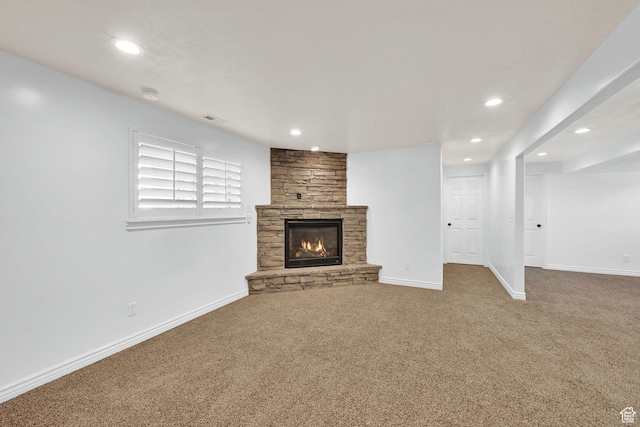 1383 N 4350 W, West Point, UT 84015 - unfurnished living room with carpet flooring, a fireplace, recessed lighting, and baseboards