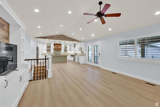 1383 N 4350 W, West Point, UT 84015 - unfurnished living room with lofted ceiling, a ceiling fan, light wood-style floors, a sink, and recessed lighting