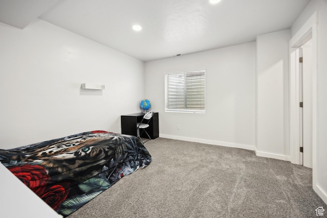 carpeted bedroom with baseboards and recessed lighting