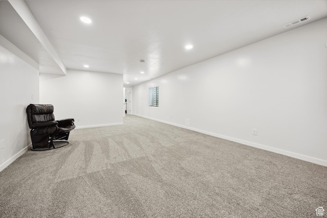 unfurnished room with recessed lighting, carpet flooring, and baseboards