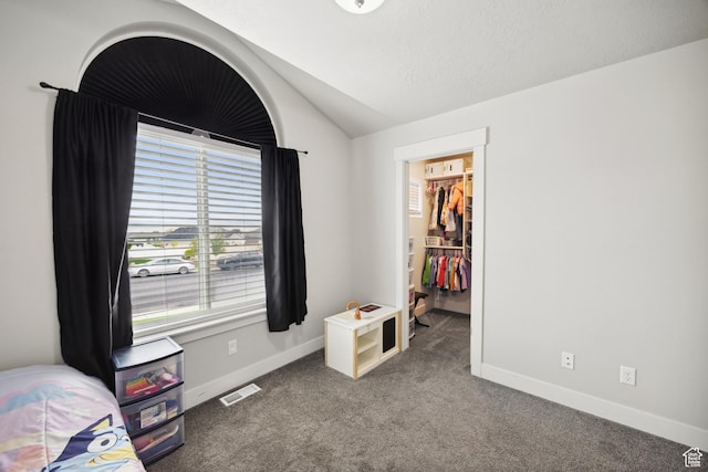 bedroom featuring lofted ceiling, a walk in closet, carpet floors, and baseboards